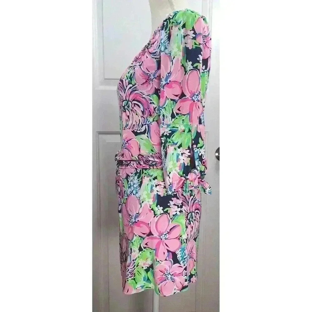 Lilly Pulitzer Donna Romper XXS Pink Green Floral Off Shoulder 3/4 Tie Sleeve - Picture 2 of 9